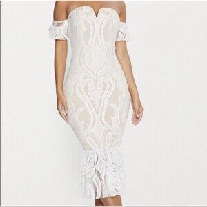 Pretty Little Thing Lace Bodycon Mermaid Ruffle Off Shoulder Dress -Size 6